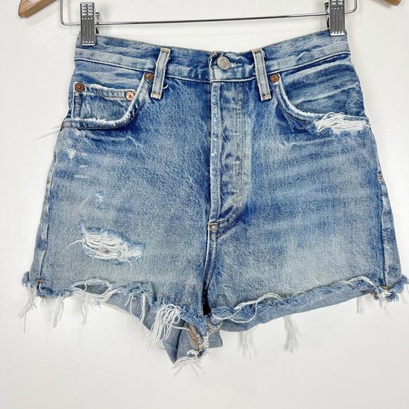 Agolde Dee High Rise Denim Shorts In Riccochet Distressed Size 24